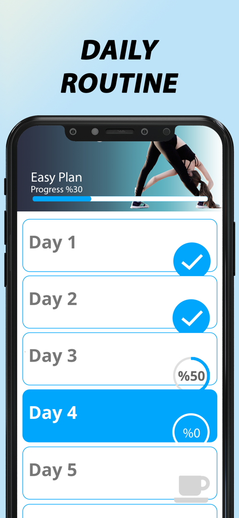 Interfaz de la aplicación que muestra el progreso de una rutina diaria de 30 días para entrenamiento de splits y flexibilidad.