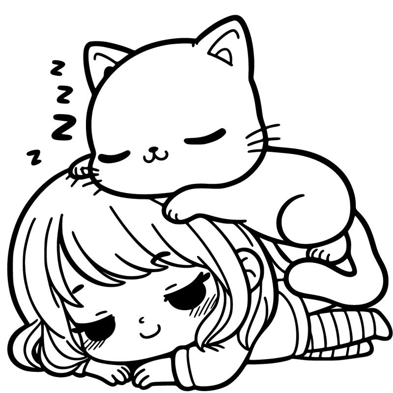 a sleeping cat sitting on a cute girl