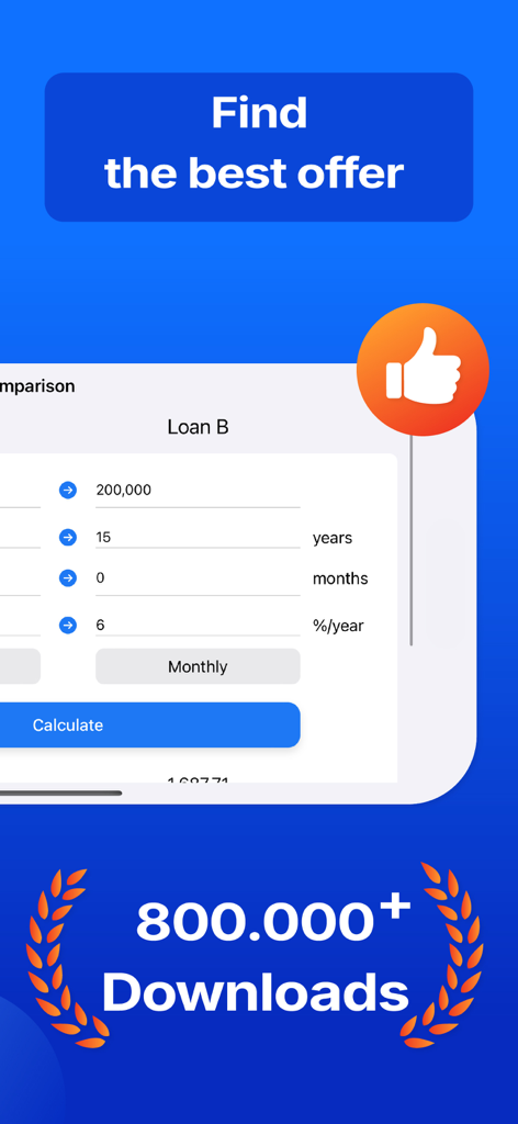 Loan Calculator - Payment Calc - Interfaccia dell'app Calcolatore Prestiti che mostra come trovare la migliore offerta di prestito