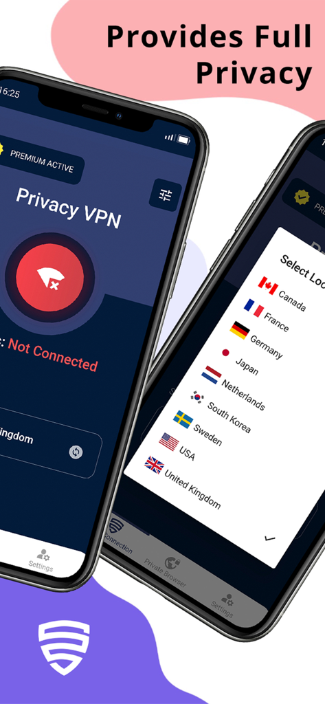 Interfaccia dell'app Privacy VPN su iPhone che mostra una schermata di stato della connessione e un elenco di posizioni di server internazionali