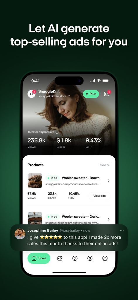 Zeely App-Dashboard zeigt KI-Anzeigenmetriken für eine Bekleidungsmarke und ein positives Kunden-Testimonial über Umsatzwachstum