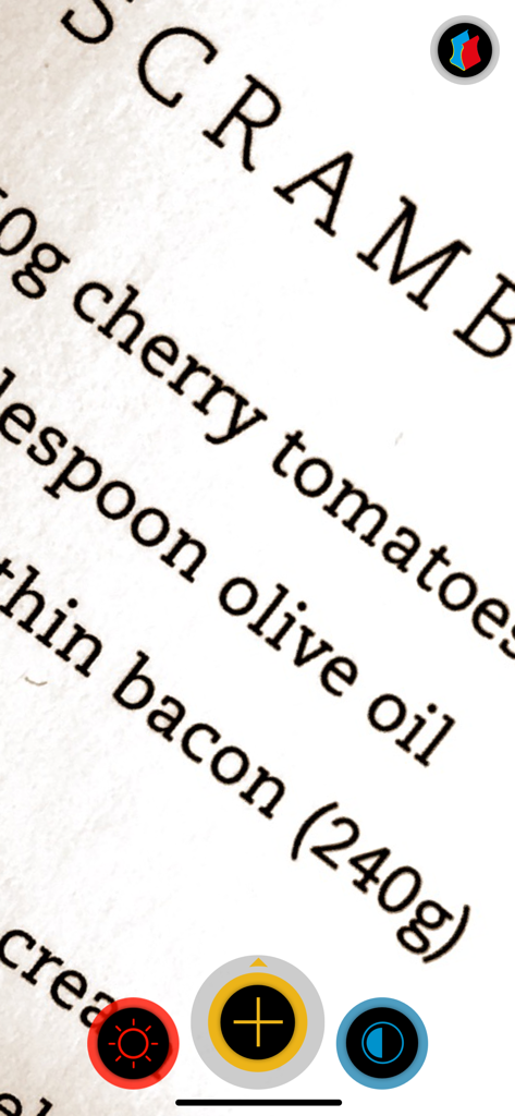 visor - magnifier - Visor magnifier app enlarging recipe text with large color coded control buttons