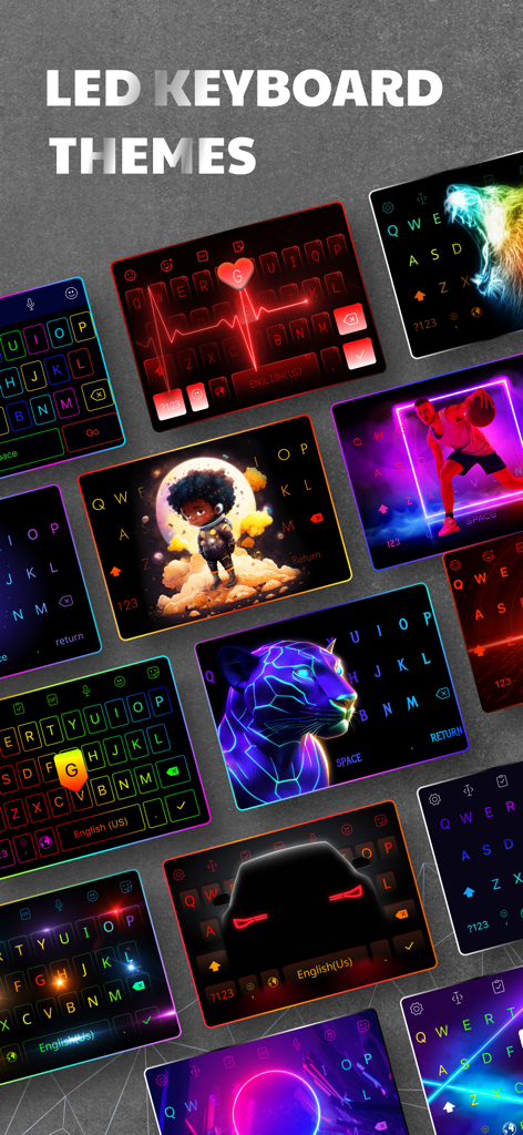 LED Keyboard - RGB Color - Una variedad de vibrantes temas de teclado LED RGB neón para personalización móvil con personajes gamers, animales y diseños abstractos.