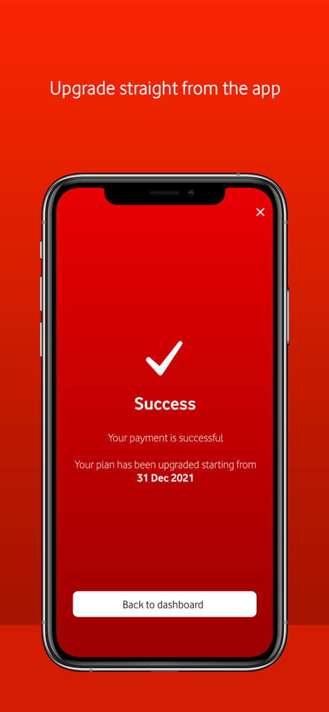 My Vodafone Oman - My Vodafone Oman app showing a successful payment and plan upgrade confirmation screen