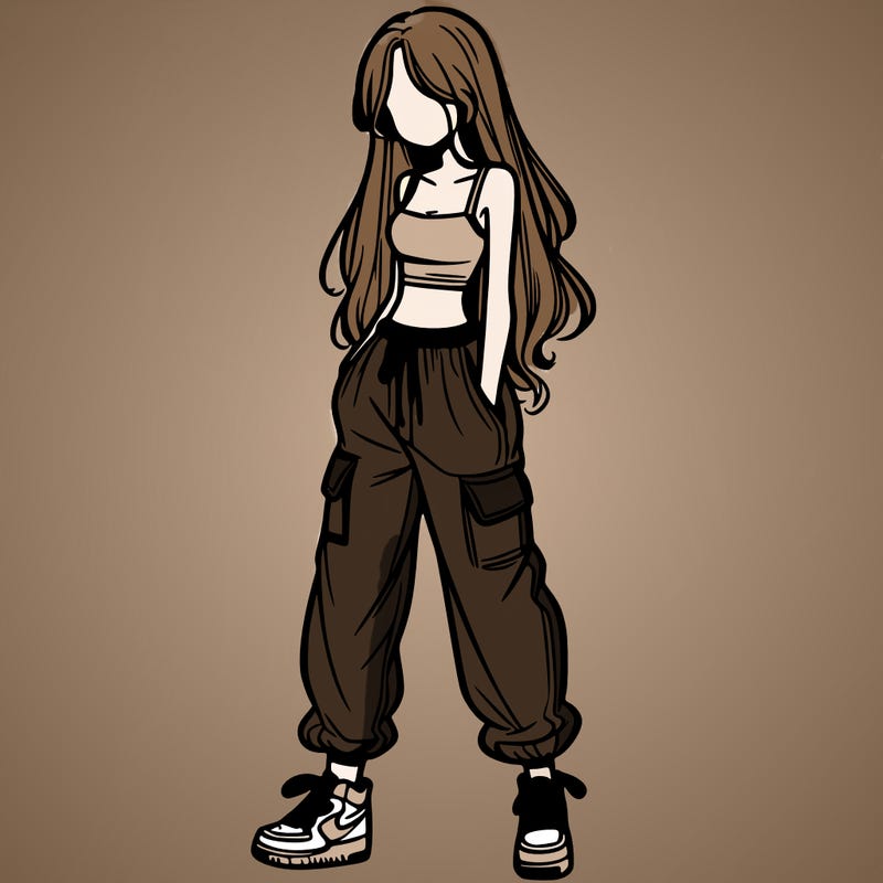 girl in baggy pants crop top and long hair