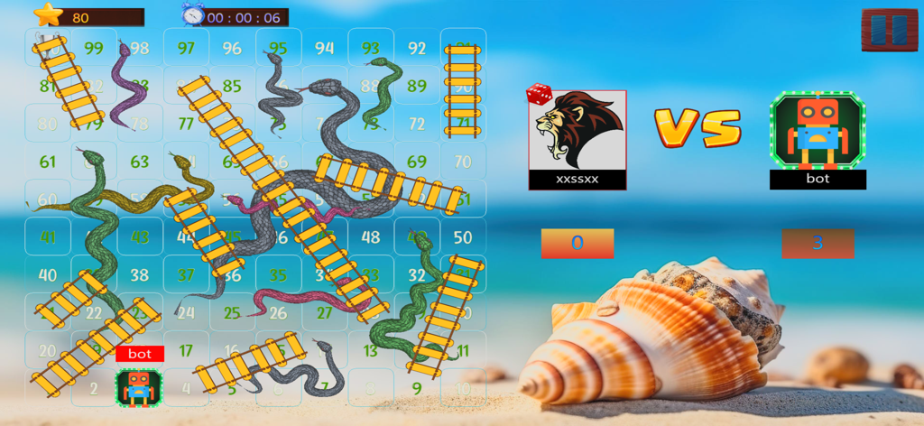 Snake and Ladder Online gameplay screen featuring a beach theme and a match against a bot player