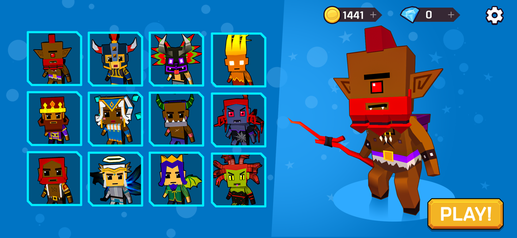 Hero selection menu in Magica io showing a grid of different blocky characters and a featured cyclops warrior