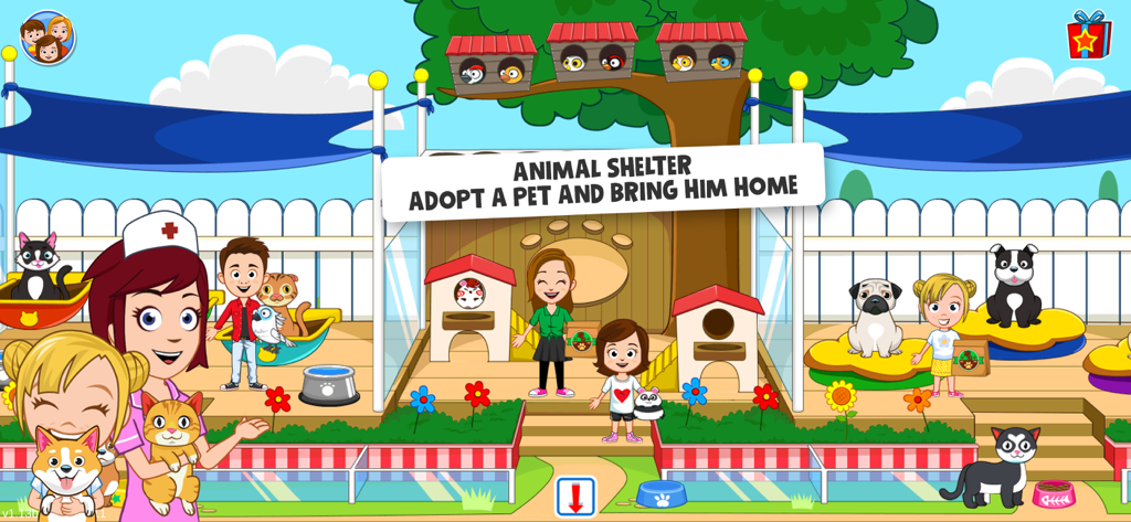 My Town : Pets - Personaggi dei cartoni animati e animali in una scena di rifugio per l'adozione di animali domestici dal gioco di casa delle bambole digitale My Town: Animali Domestici.