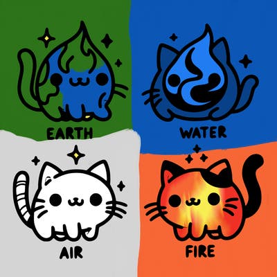 4 cats that represent the different elements, earth, water, air, and fire