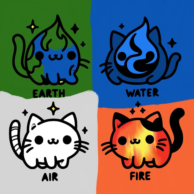 4 cats that represent the different elements, earth, water, air, and fire