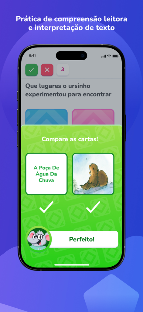 Elefante Letrado mobile app showing a reading comprehension game for children