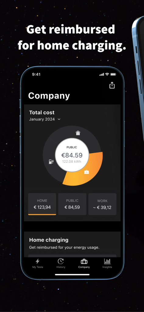 EEVEE - Track charging costs - EEVEE app screen showing a chart of electric vehicle charging costs at home and work for employer reimbursement.