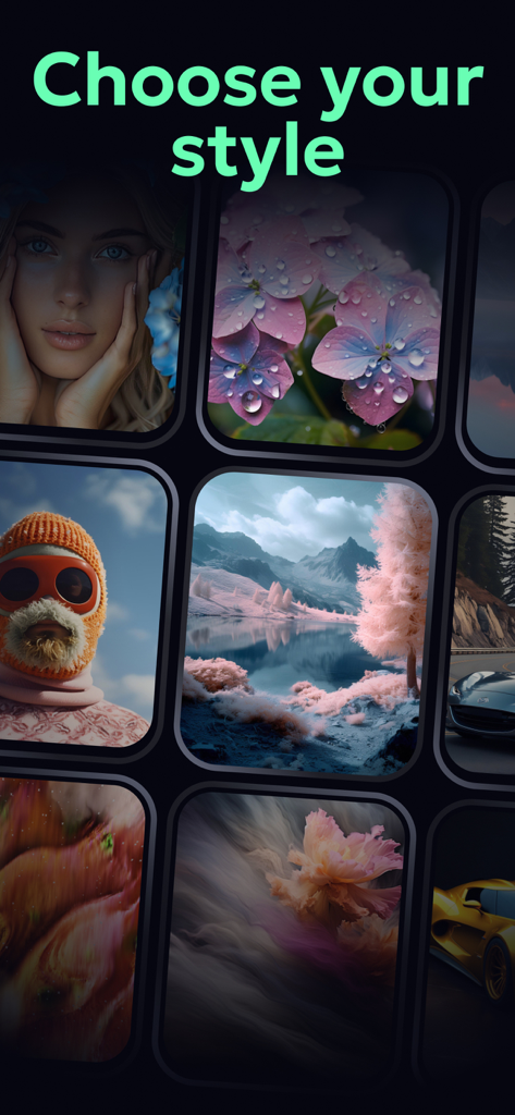 Watch Faces Live - AI Gallery - A diverse grid of AI-generated artistic watch face designs including landscapes and portraits