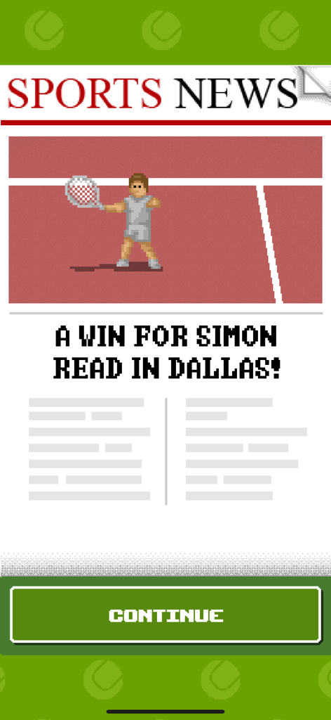 Retro Slam Tennis - Pantalla de noticias deportivas pixeladas que muestra un titular de victoria de torneo en Retro Slam Tennis.