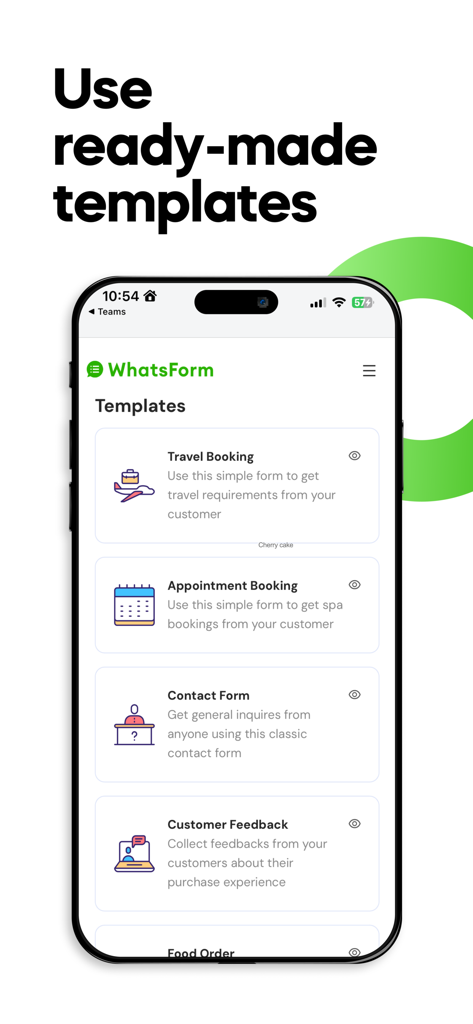 WhatsForm – Forms for WhatsApp - WhatsForm app interface displaying ready-made templates for travel booking appointment booking and contact forms