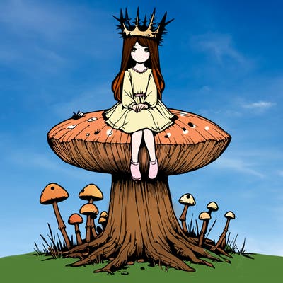 realistic girl sitting on a huge tree stump size toadstool with thorn crown