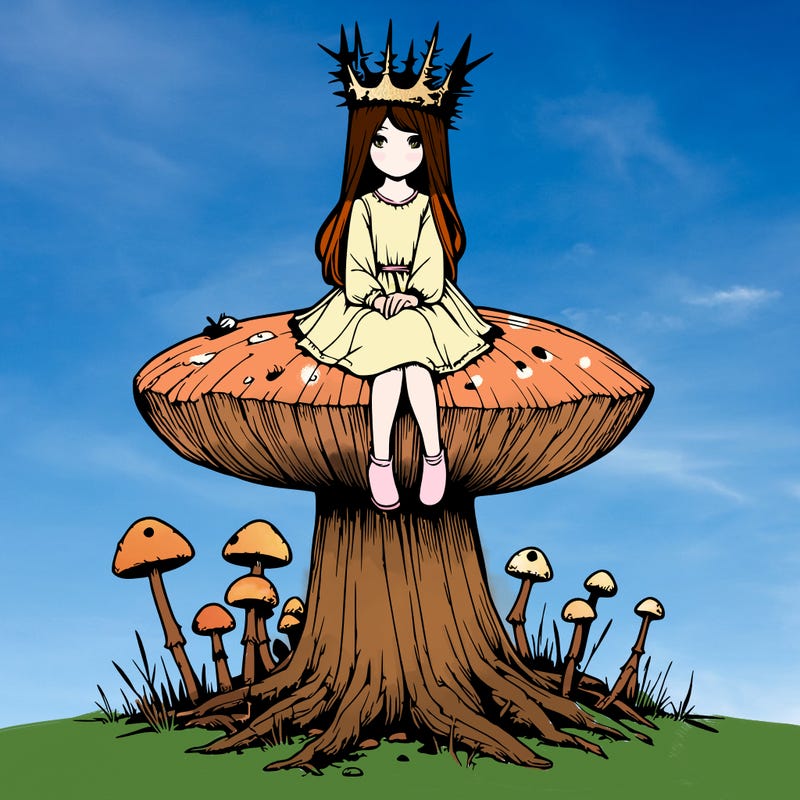 realistic girl sitting on a huge tree stump size toadstool with thorn crown
