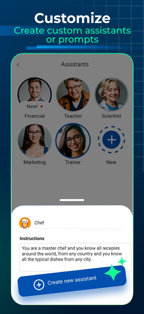 AI Chat PDF - Office docs bot - A screen showing various professional AI assistants like financial teacher and marketing experts with a tool to create custom prompts
