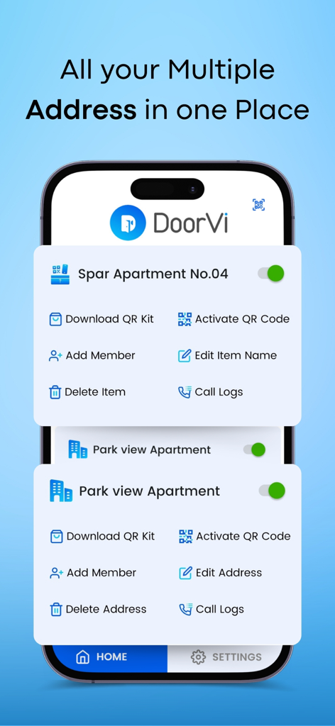DoorVi - Door Video Intercom - DoorVi mobile app interface showing a dashboard to manage multiple addresses with QR code activation and call logs