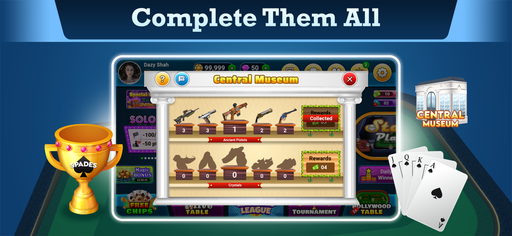 Spades King: Classic Card Game - The Central Museum collection screen in Spades King showing unlockable items and rewards like ancient pistols and crystals