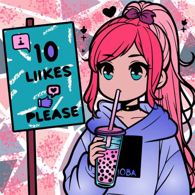girl with a high ponytail and a hoodie drinking boba staring at a sign saying 10 likes please
