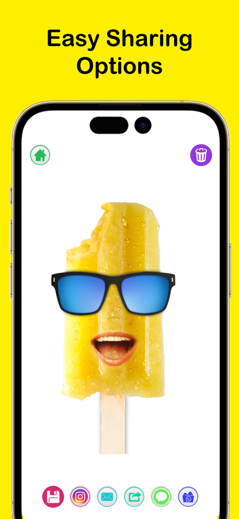 Crazy Helium Funny Face Voice - Interfaz de la app Crazy Helium mostrando opciones de compartir fáciles con un divertido personaje de paleta de helado.