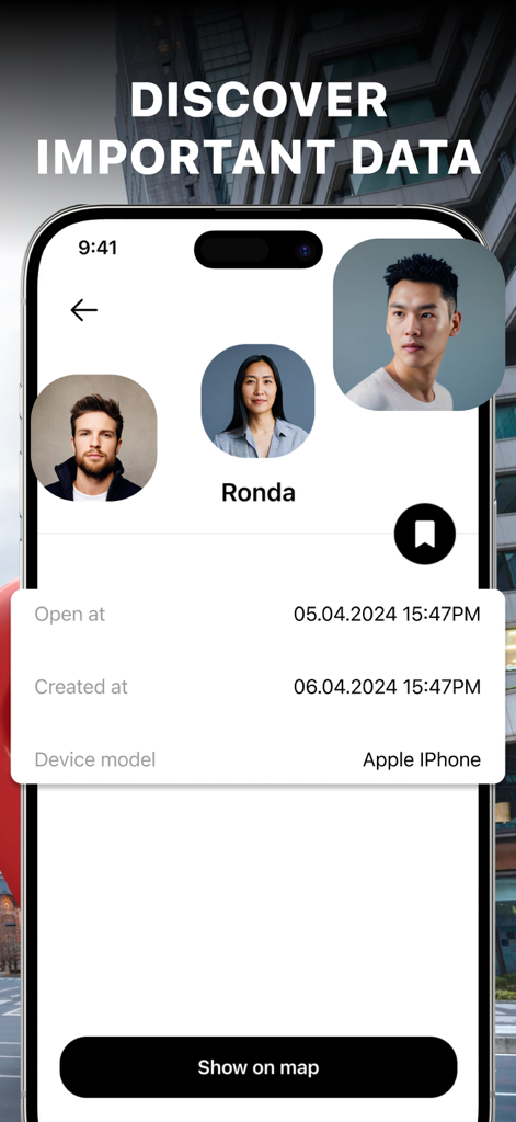 Geo Tug: GPS Track Location - Interface of Geo Tug app displaying contact profiles and specific device location details such as time and device model