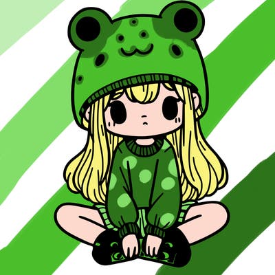 a girl wearing a frog hat and some frog socks