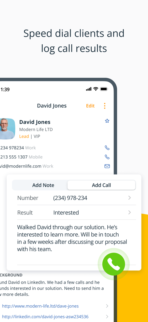 OnePageCRM - Simple CRM System - OnePageCRM mobile app showing speed dial and call logging features for a contact