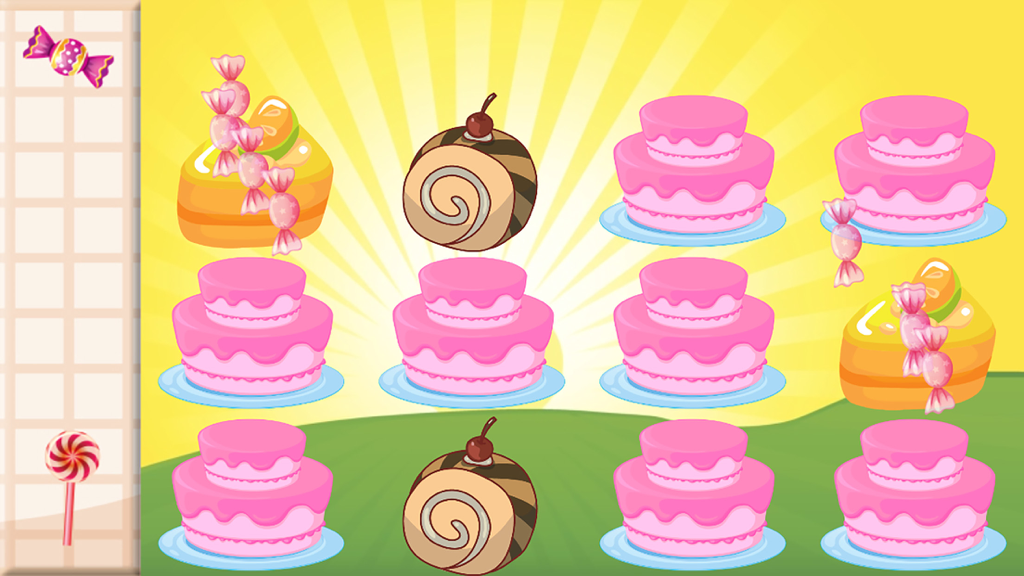 Screenshot di gioco del memory game Candy and Cake Match per bambini piccoli con dolci colorati