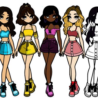 5 girls in crop tops and skirts