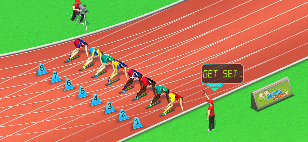 Sprinter Heroes - Two Players - Runners at the starting blocks on a red track with a Get Set notification