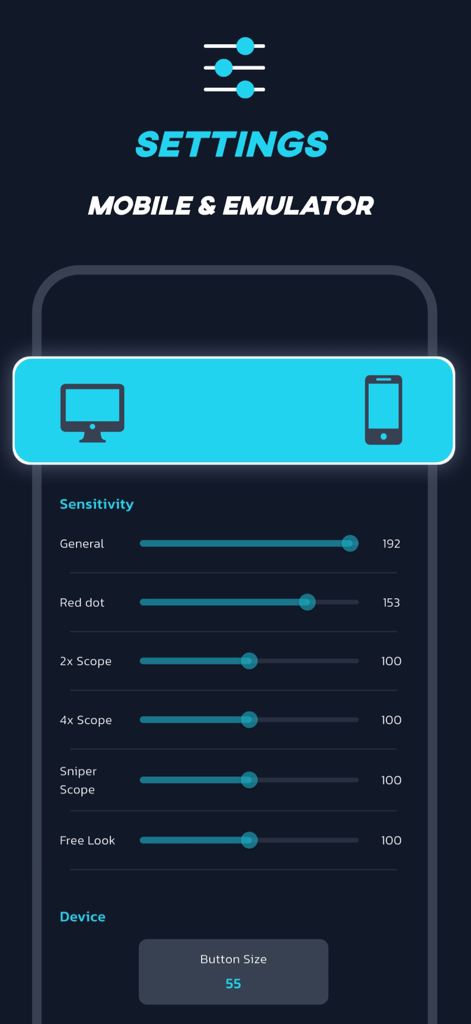 Sensi Elite - Pantalla de la aplicación Sensi Elite que muestra configuraciones de sensibilidad ajustables para miras de juegos móviles y de emulador
