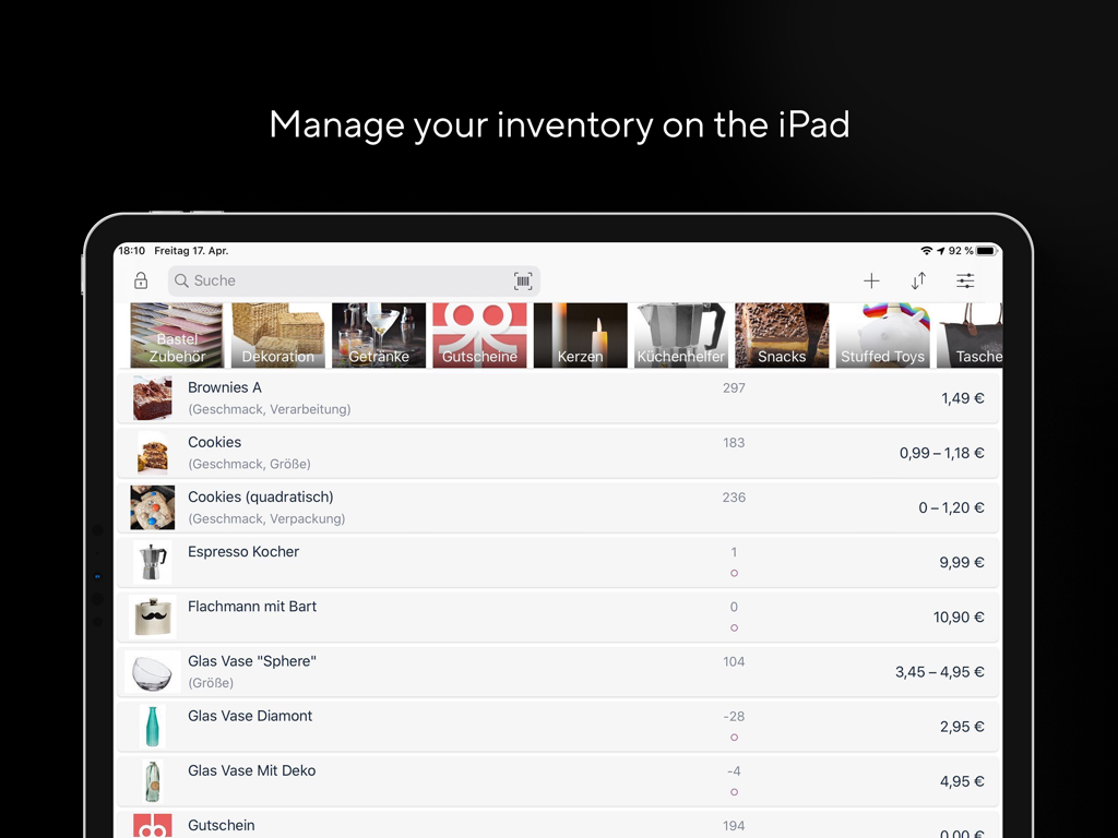Shore POS inventory management screen on an iPad showing product list and categories