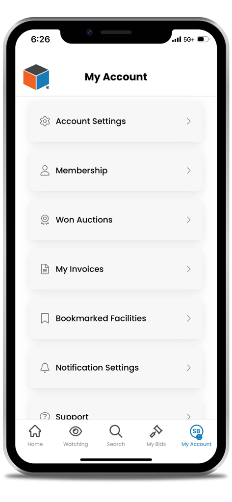 User account menu in the StorageTreasures app featuring won auctions and invoices