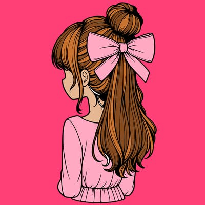 realistic girl  with hip length hair a bun and a big bow on the back of head