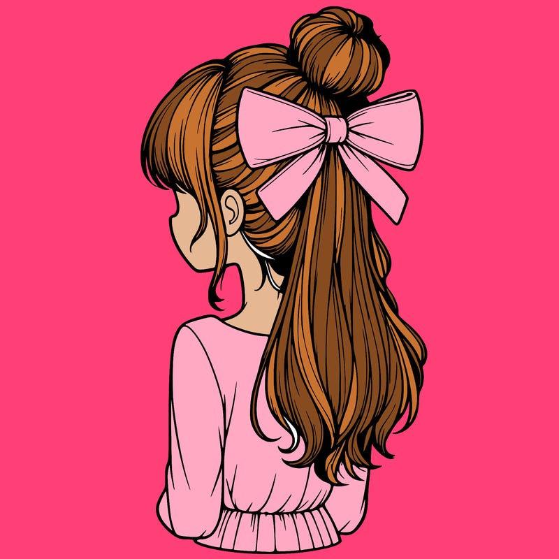 realistic girl  with hip length hair a bun and a big bow on the back of head