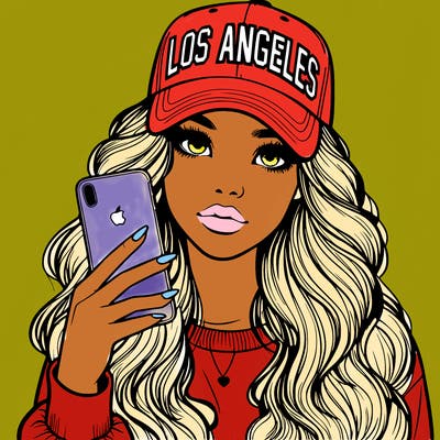 realistic beautiful girl wearing los ángeles cap holding an iphone