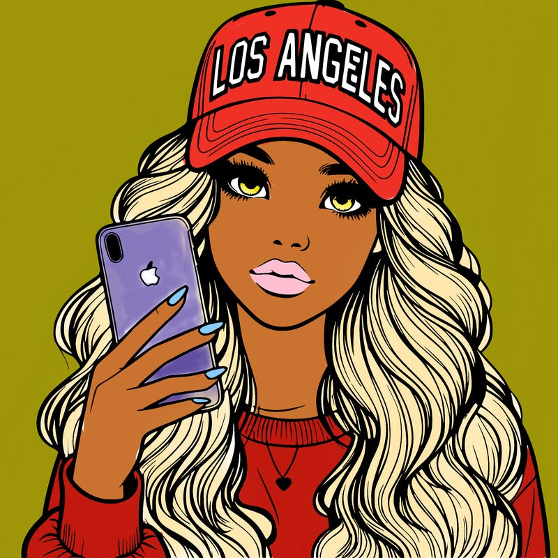 realistic beautiful girl wearing los ángeles cap holding an iphone