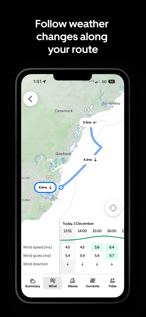 L'app GPS per barche Orca mostra le previsioni del vento lungo un itinerario di navigazione