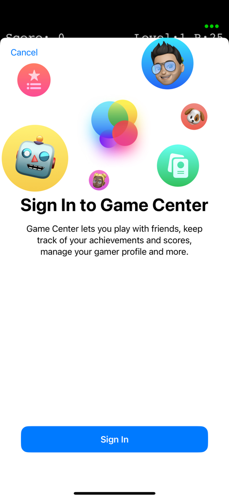 Digi Invaders - Apple Game Center sign in modal on Digi Invaders app interface