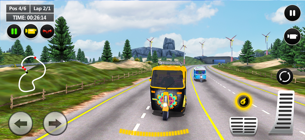 Gameplay of Auto Tuk Tuk driving simulator showing a yellow rickshaw on a scenic road with wind turbines
