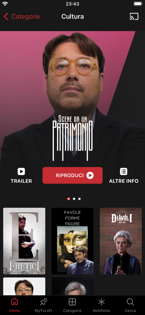 TvLoft - Interface of the TvLoft app showing the culture category with Italian documentaries and investigative programs