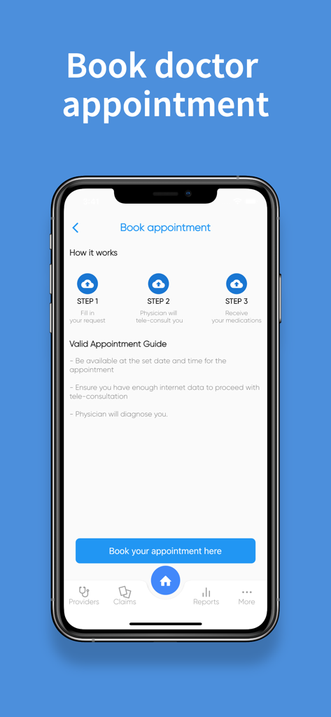 GHIC App - GHIC App interface for booking a doctor tele-consultation appointment showing the three-step process.