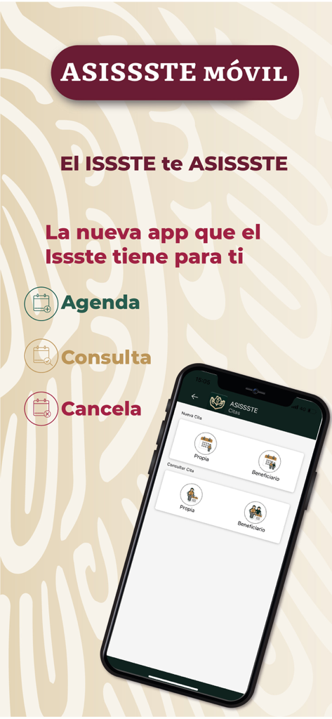 Interfaz de la aplicación móvil ASISSSTE Movil mostrando opciones para programar y consultar citas médicas para beneficiarios del ISSSTE