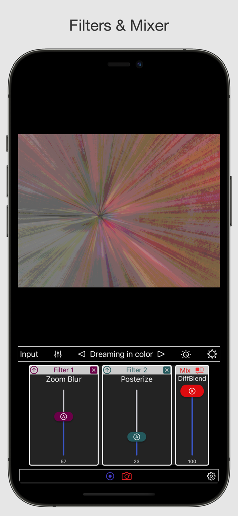 VideoSynth - VideoSynth app interface displaying real-time artistic filters and mixer controls for a trippy visual effect