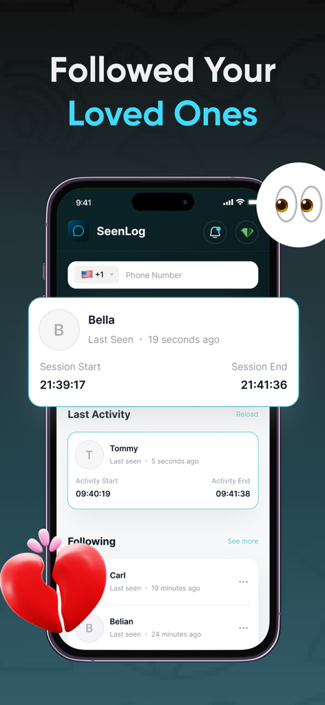 SeenLog app interface showing last seen activity and session reports for followed family members