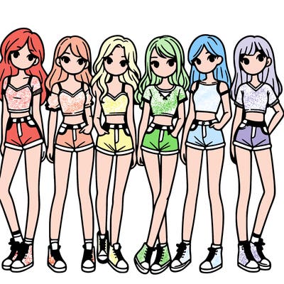 a group of girls wearing crop tops and shorts