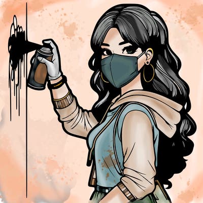 realistic girl with mask spray painting a wall