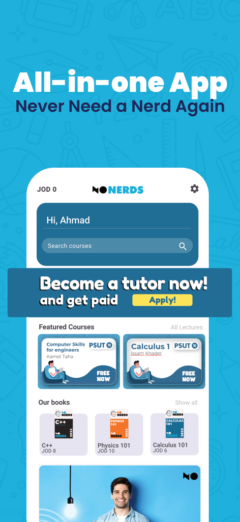 NoNerds - NoNerds app interface showing featured courses and tutor recruitment banner